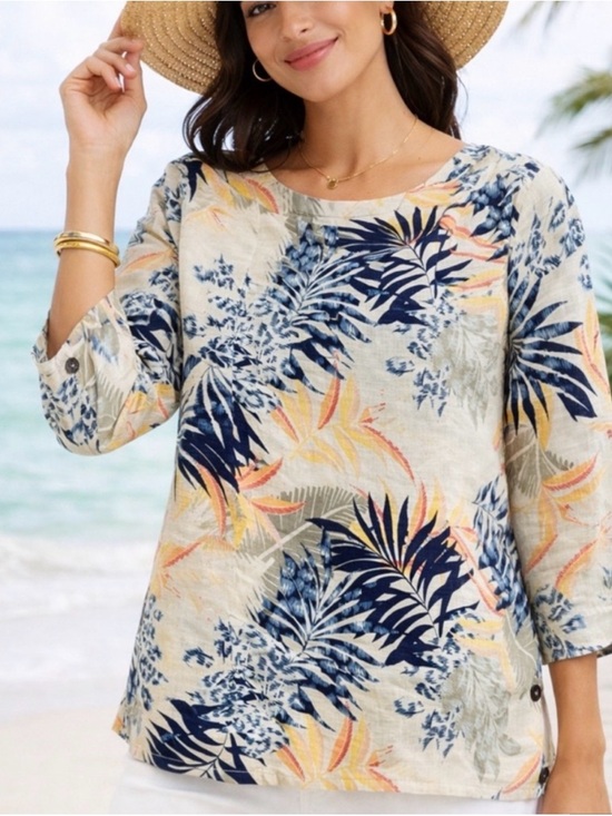 Chico's Tops - Chico's Cream Tropical Print 3/4 Sleeve Linen No Iron Women’s Tunic Blouse 1(M)